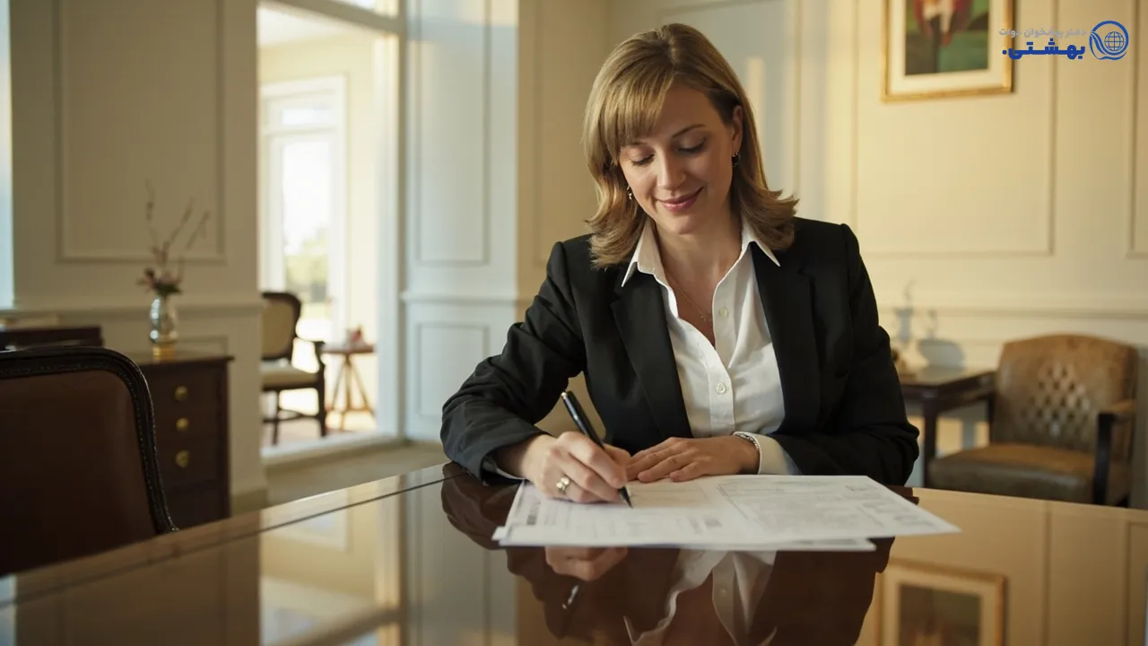 زنی در حال تکمیل فرم‌های درخواست وام