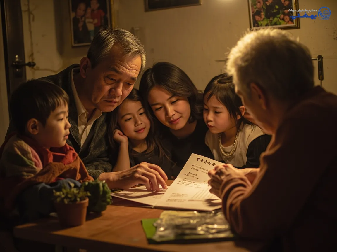 خانواده‌ای در حال بررسی شرایط وام کمیته امداد با راهنمایی مشاور