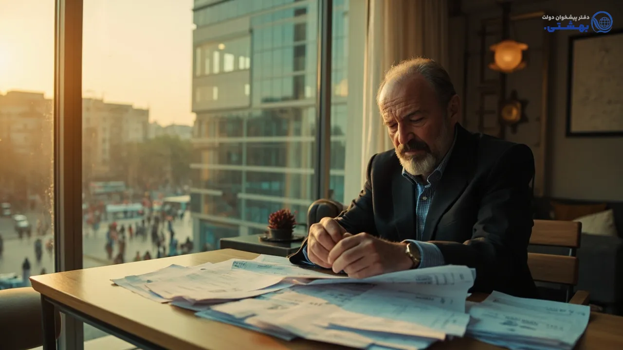 فردی نگران با پس‌زمینه شهر تهران و نمادهای مالی برای وام فوری در ایران