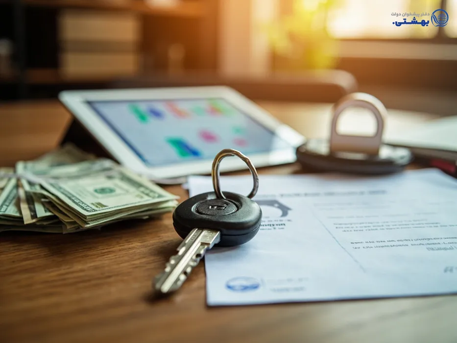 کلید خودرو و سند ماشین روی میز کنار اسکناس، نماد وام با سند خودرو