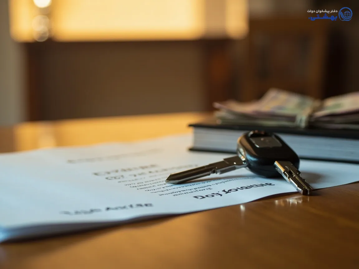 کلید خودرو و سند ماشین روی میز کنار اسکناس، نماد وام با سند خودرو