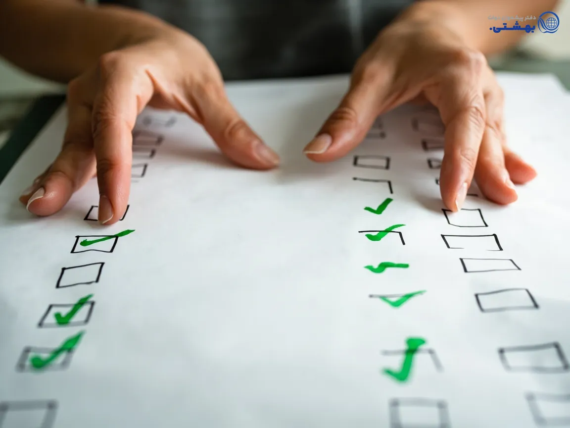 دستانی که یک چک لیست کاغذی را با تیک سبز مشخص میکنند، نمادی از تکمیل مدارک