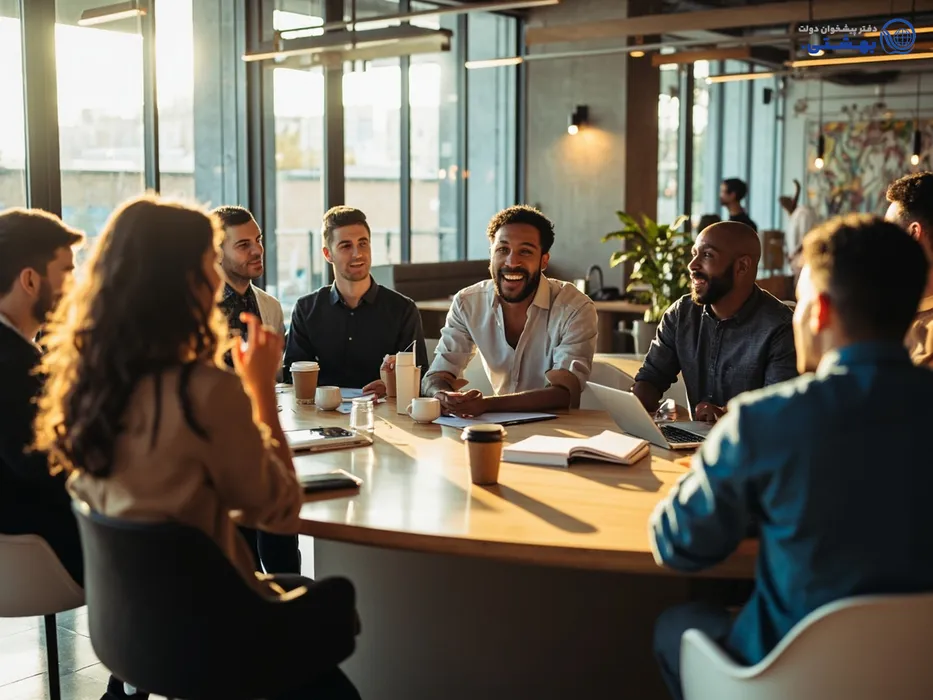 کارآفرینان در حال بحث درباره طرح کسب و کار و برنامه‌ریزی برای دریافت وام