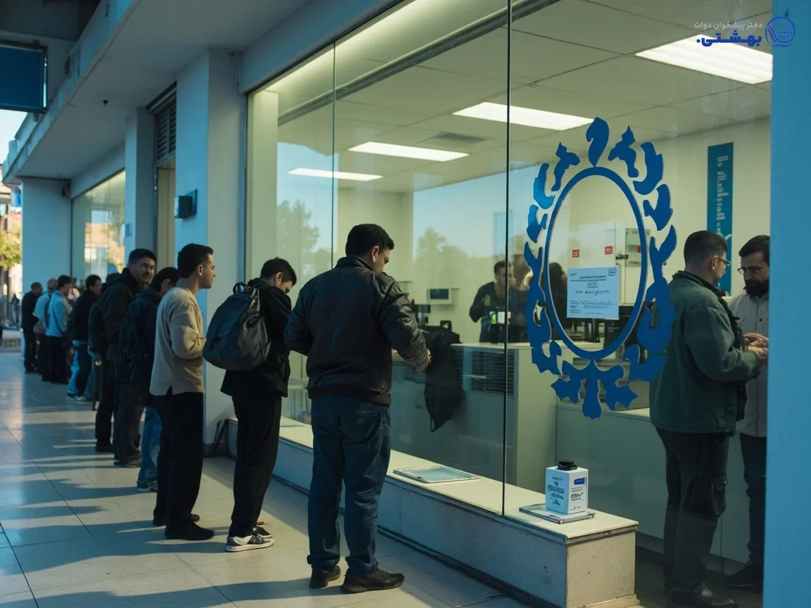 نمای بیرونی یک دفتر پیشخوان دولت با مردم در حال مراجعه و تابلوی خدمات