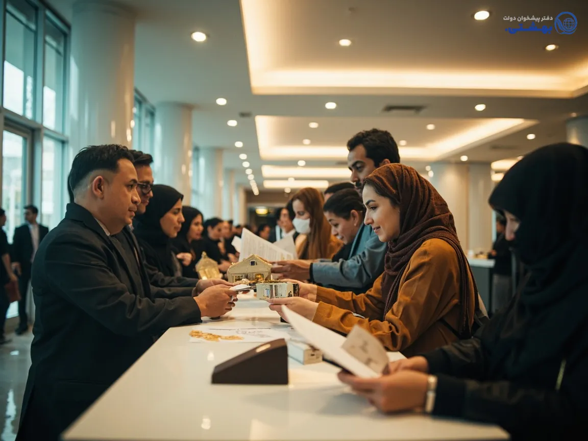 صف مشتریان ایرانی با نمادهای وام پشت پیشخوان رسمی