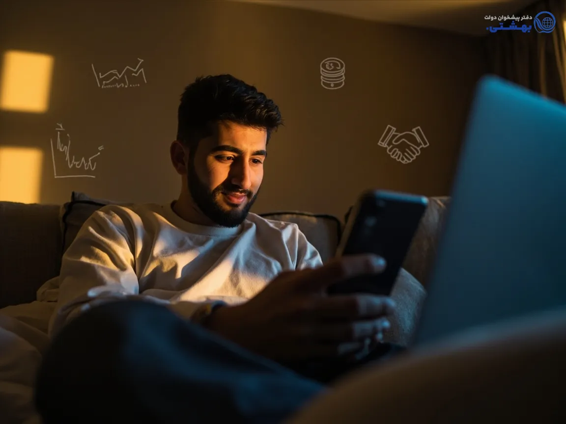 شخصی در حال مشاهده و تأیید مراحل دریافت وام قرض الحسنه رسالت به صورت آنلاین