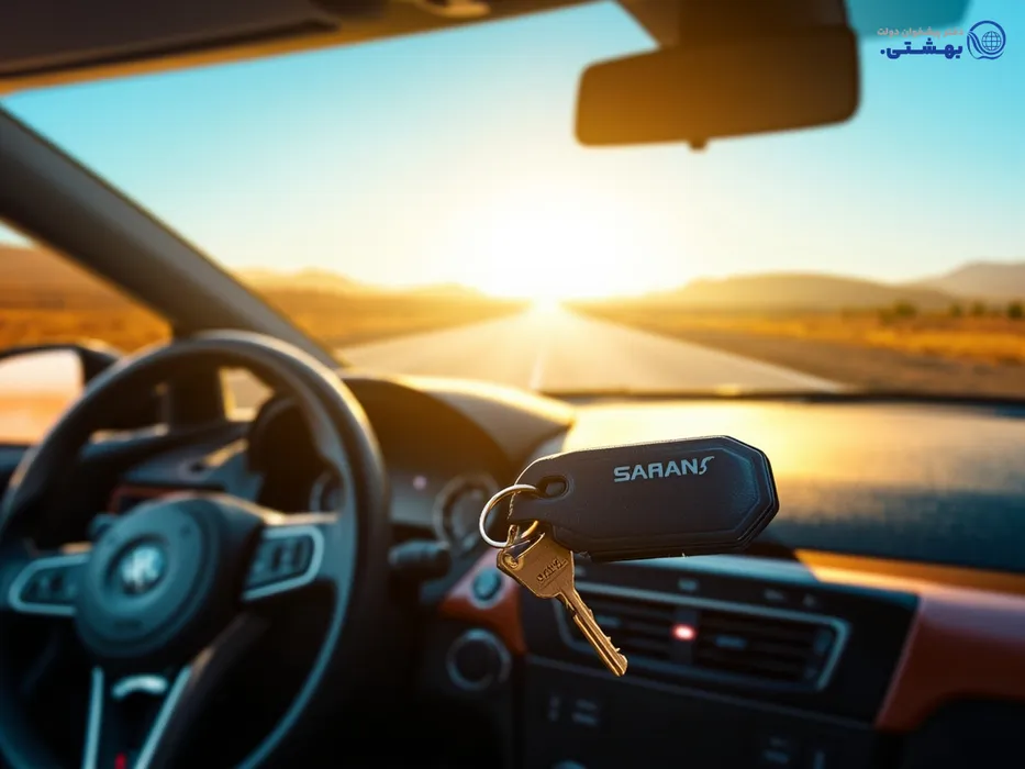 کلید خودرو با لوگوی بانک سامان، نماد وام خودرو و خرید ماشین