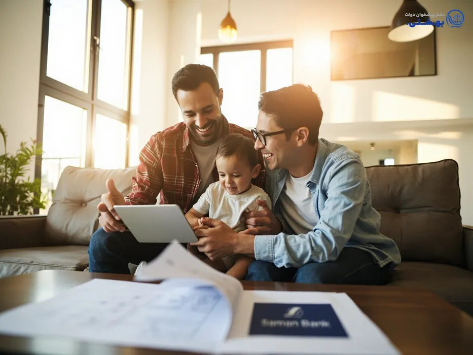 خانواده خوشحال در حال بررسی برنامه‌های خانه با وام مسکن بانک سامان