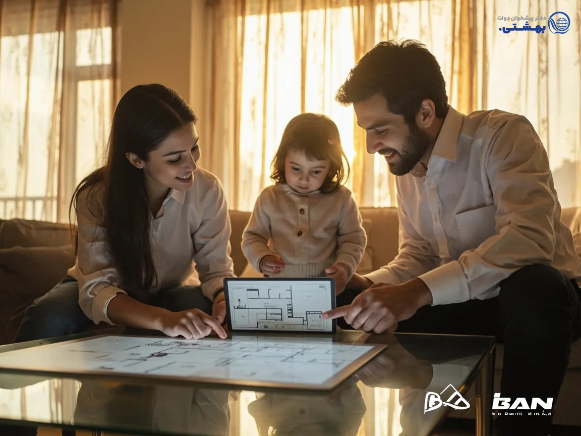 خانواده خوشحال در حال بررسی برنامههای خانه با وام مسکن بانک سامان