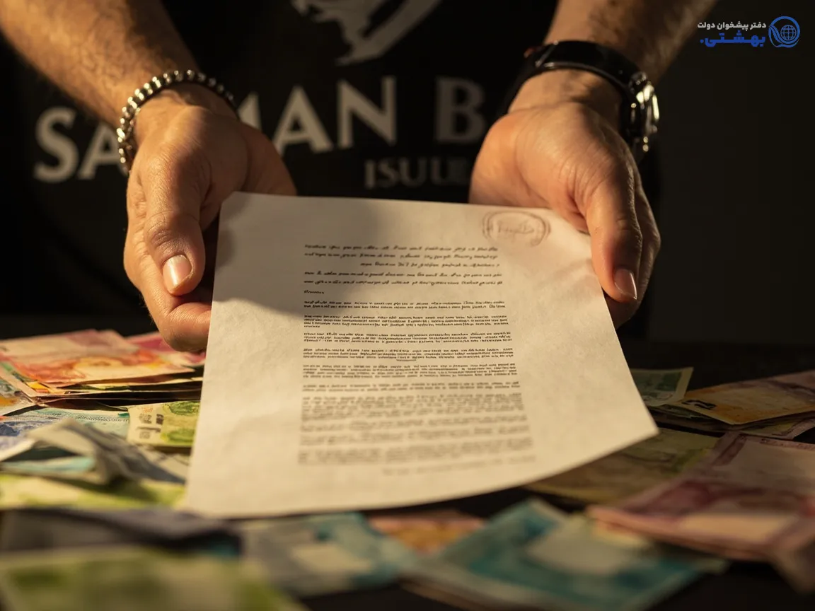سند ملکی در دست به همراه لوگوی بانک سامان برای درخواست وام