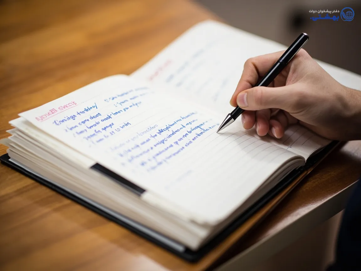 دستانی که در حال نوشتن نکات مهم روی دفترچه یادداشت هستند