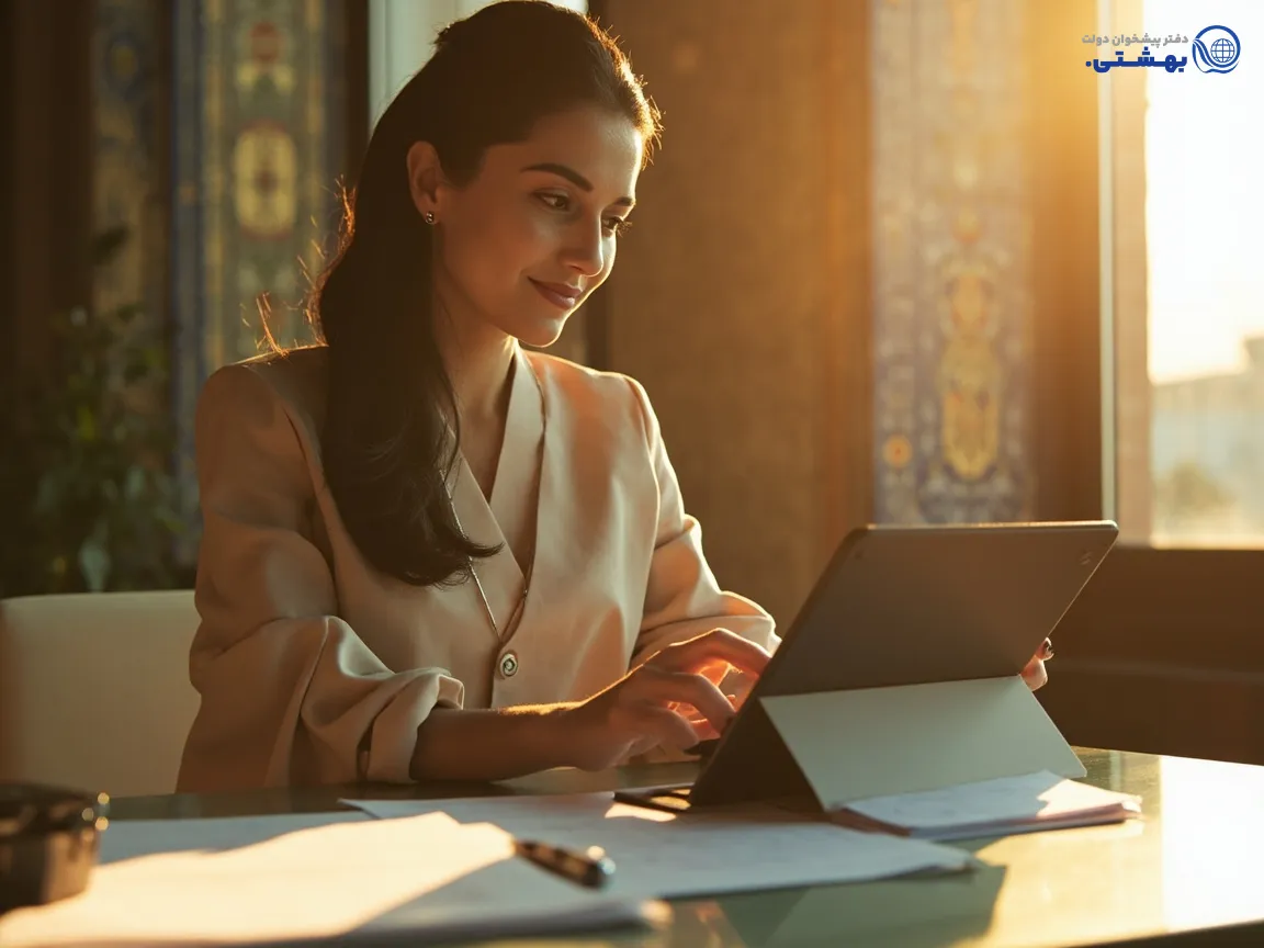 زنی با اعتماد به نفس در حال بررسی موفقیت مالی خود با وام رسالت