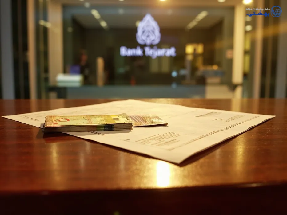 سند ملکی و پول نقد با لوگوی بانک تجارت برای وام با پشتوانه ملک