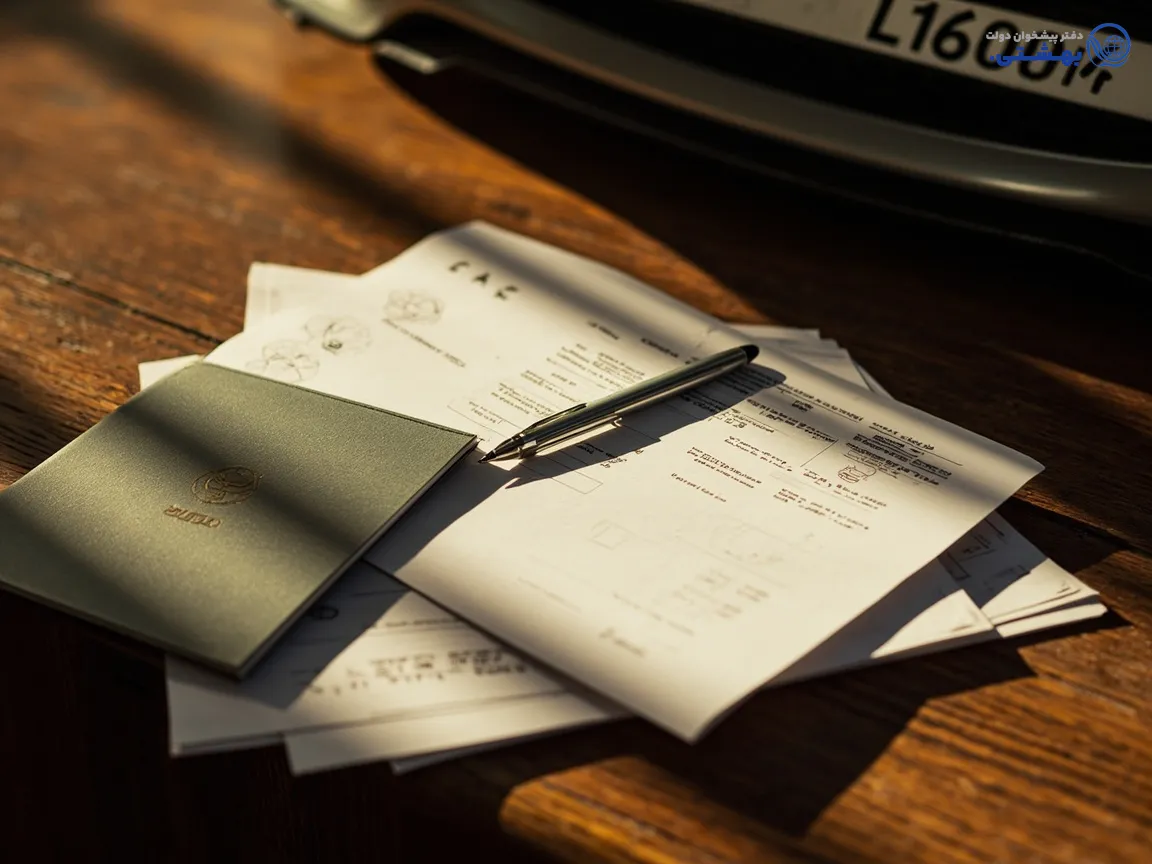 برگه سند خودرو و مدارک لازم کنار خودکار، نشان مراحل شروع وام خودرو