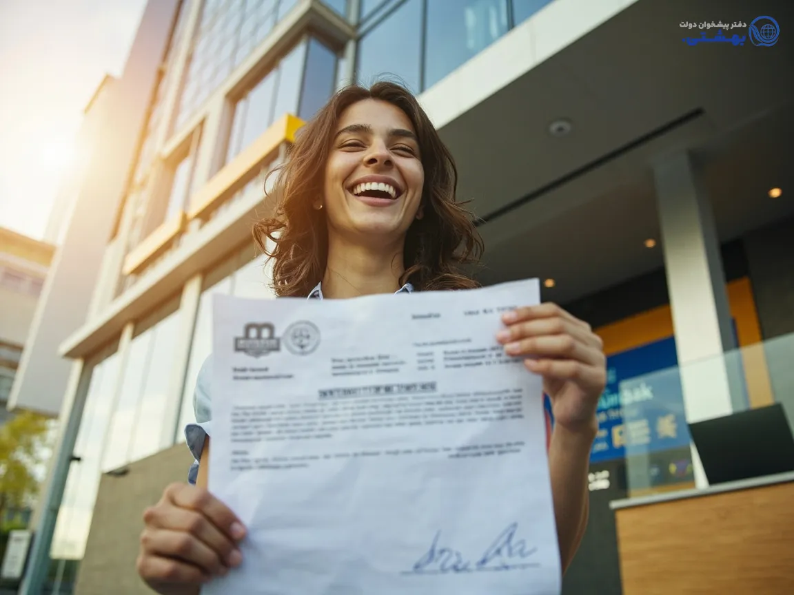 فردی خندان با مدارک تأیید شده وام بانک ملی، نشان‌دهنده موفقیت در فرآیند