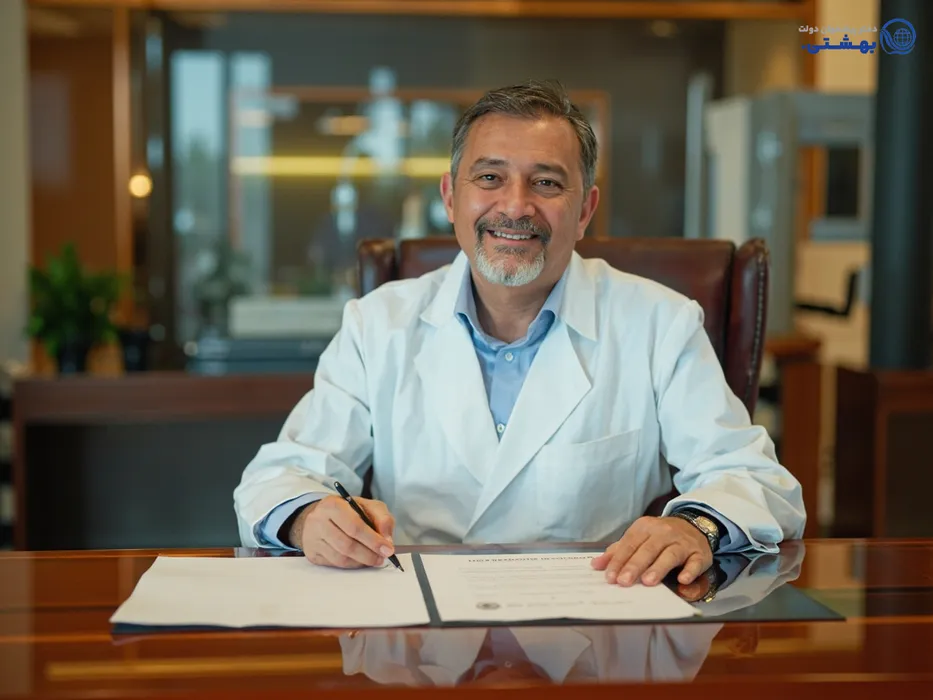 پزشک در حال امضای قرارداد وام بانک ملت برای توسعه مطب