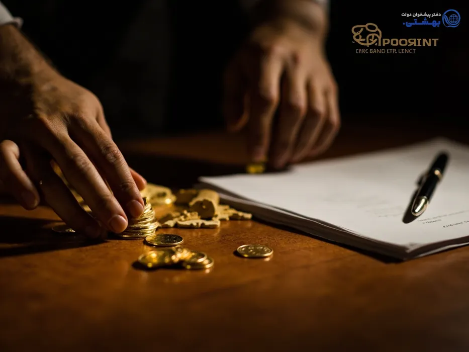 تصویر نزدیک سکه‌ها و شمش‌های طلا در کنار مدارک بانکی، نمادی از دریافت وام طلا از بانک صادرات