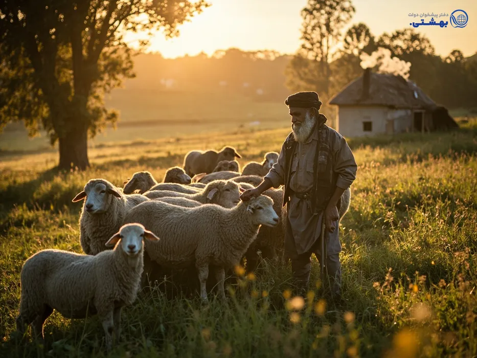 دامدار روستایی در مزرعه، گوسفندان و گاوها، نماد رونق کسب‌وکار دامداری با وام