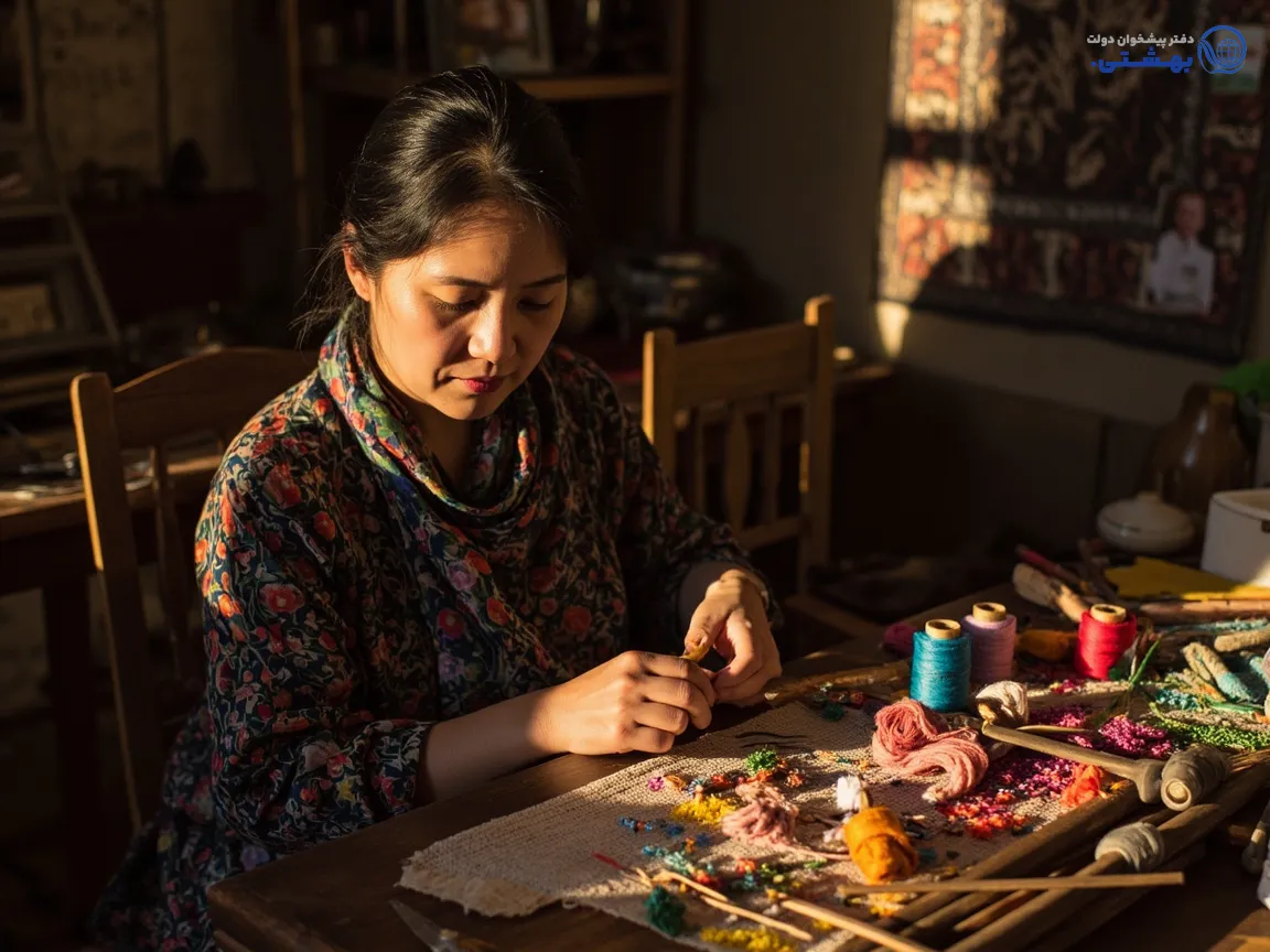 زنی در حال انجام کار هنری یا صنایع دستی در منزل.