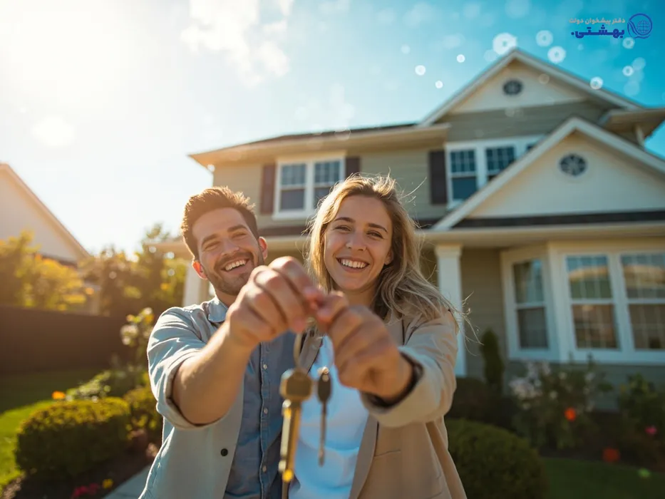 زوج خوشحال با کلید خانه در دست در مقابل خانه رؤیایی خود