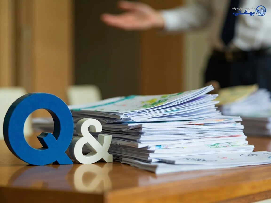 نماد Q&A کنار مدارک و کارمند در بانک